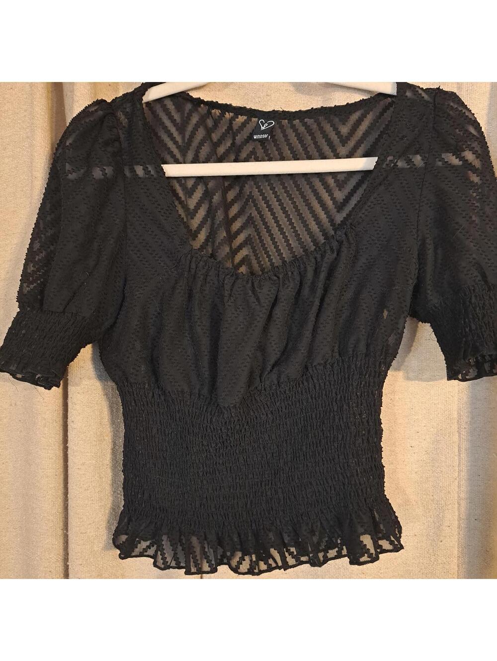Windsor Sheer Black Smocked Waist Puff Sleeve Top